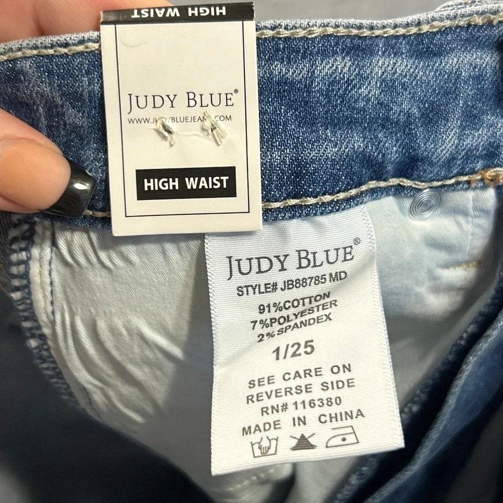 Judy Blue High Rise Wide Leg Jeans Womens 1/25 Distressed Stretch Med Blue Denim